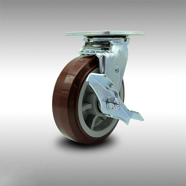 Service Caster 6 Inch Stainless Steel Polyurethane Swivel Caster with Roller Bearing and Brake SCC-SS30S620-PPUR-TLB